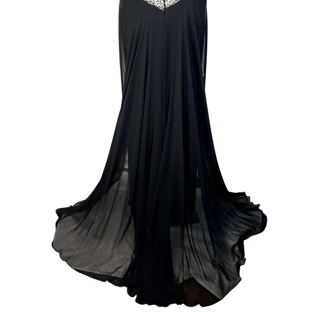 Panoply Black Rhinestone Embellished Mesh Illusion Gown Size 6 W Sheer Neckline - Picture 7 of 13